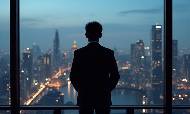 高層ビルの窓から街を見下ろすリーダーのシルエット